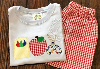 Appliqued school supply shirt